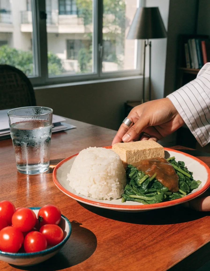 Fresh produce, tempeh, eggs and a glass of water set out on a kitchen worktop