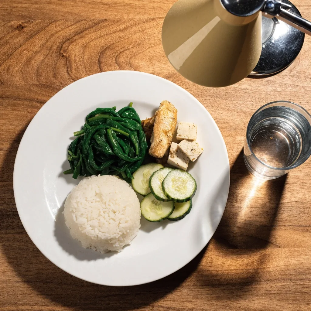 An overhead view of a dinner plate divided into vegetables, rice and protein with a glass of water beside it, lit by one warm light