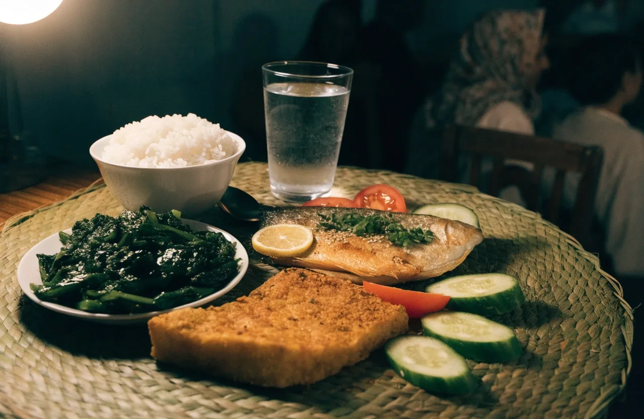 An Indonesian family midday meal of rice, greens, fish, tempeh and water arranged on a woven mat, lit by one warm light from the upper left