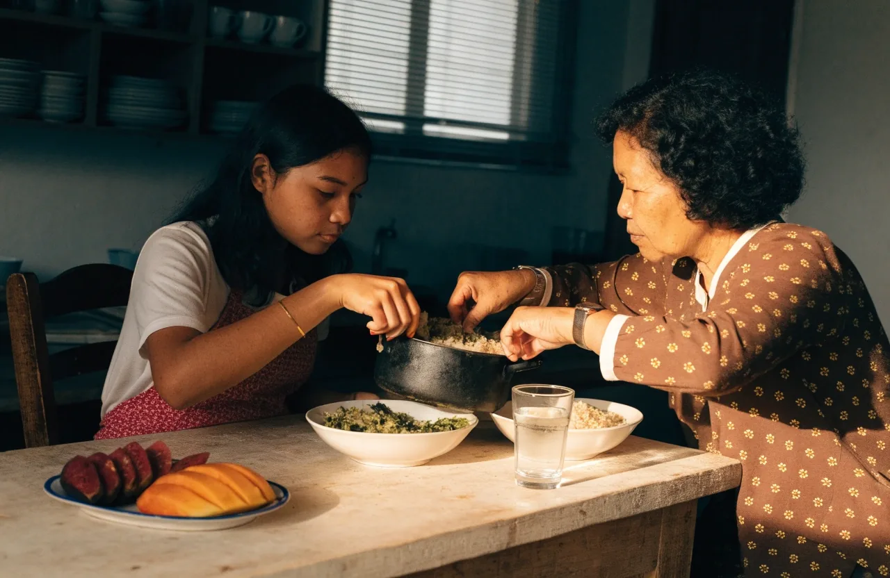 An Indonesian family dining table with a rice and vegetable plate, a fruit plate, a soup bowl and a glass of water in warm window light
