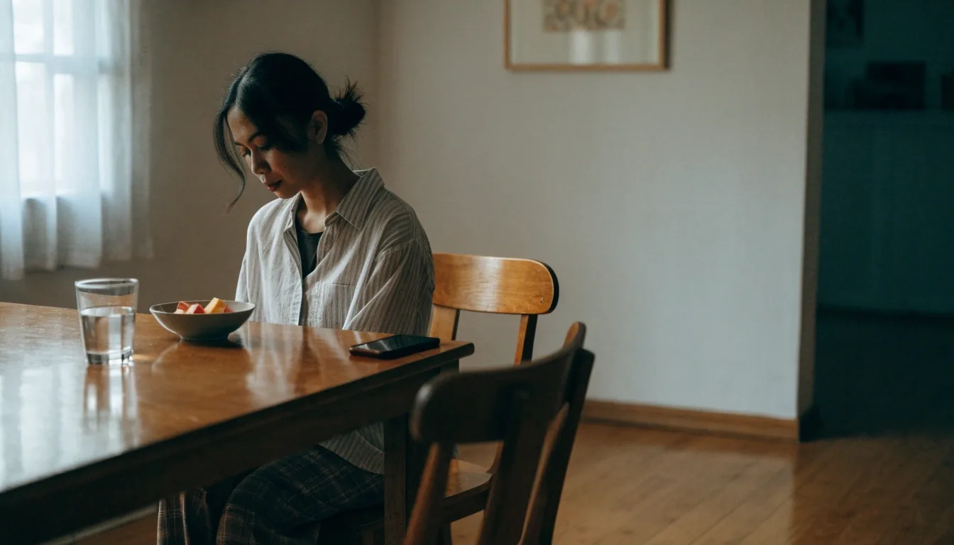 A woman seated at a table for an online consultation with a glass of water and fruit beside her