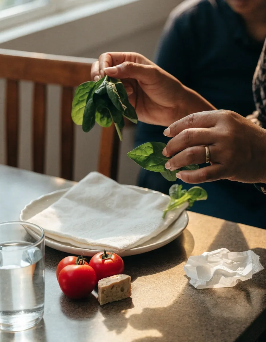 Hands arranging fresh produce and a covered plate on a kitchen counter