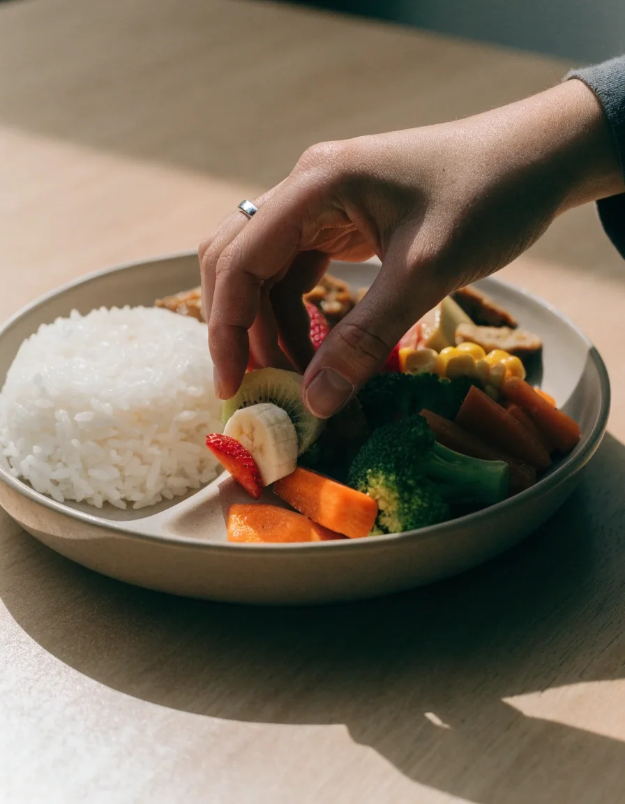 A single plate with rice, vegetables, tempeh and fruit arranged in clear sections