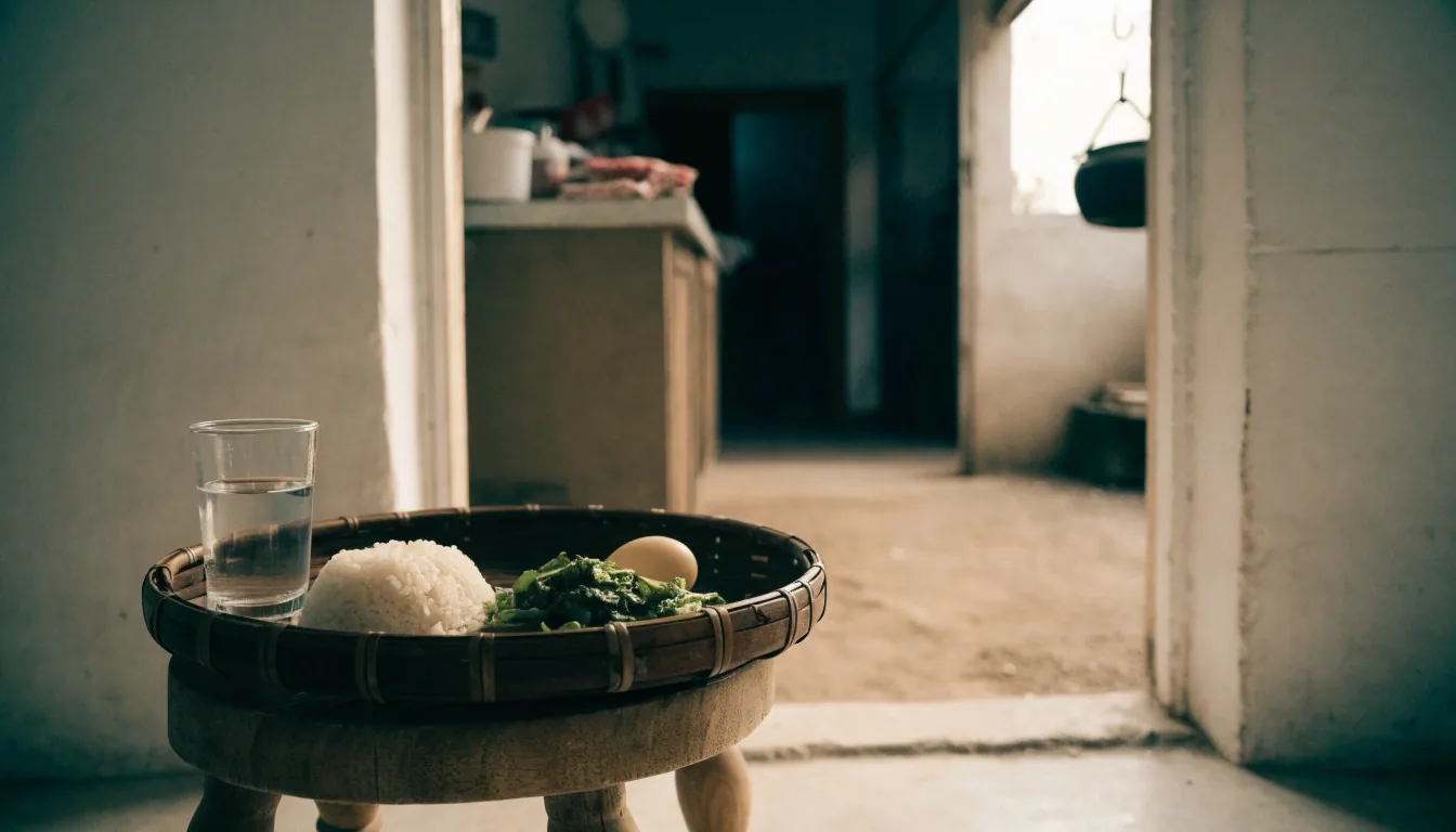 A plain breakfast plate and glass of water on a kitchen counter in warm morning light