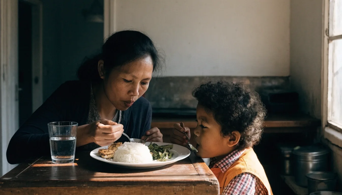 An Indonesian midday meal laid out on a woven mat under warm light