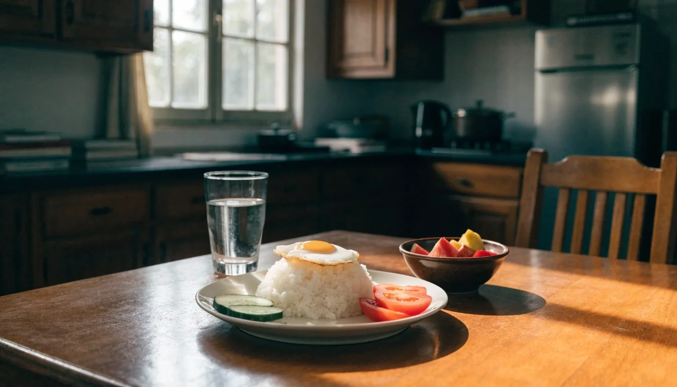 A morning plate with fruit, water, bread and egg on a home kitchen counter