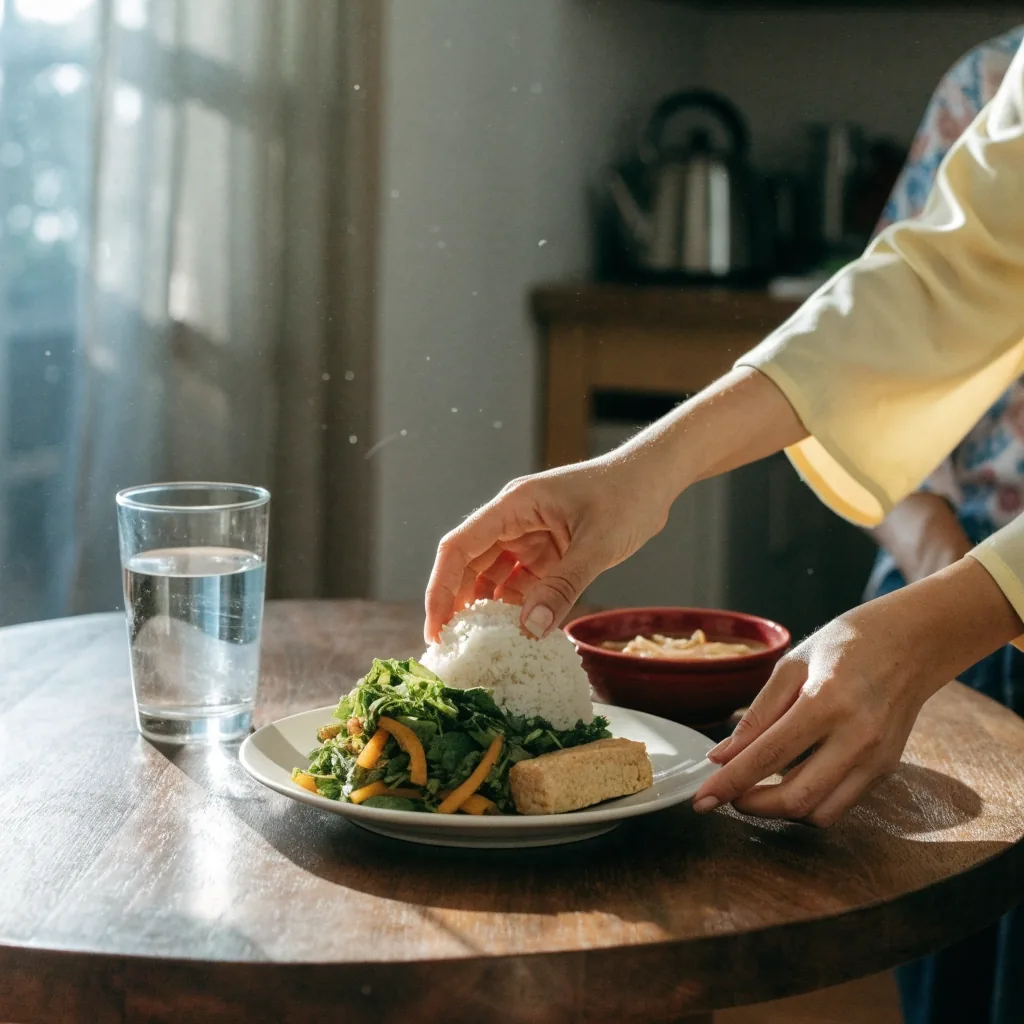 A midday plate of rice, greens and tempeh on the same kitchen counter