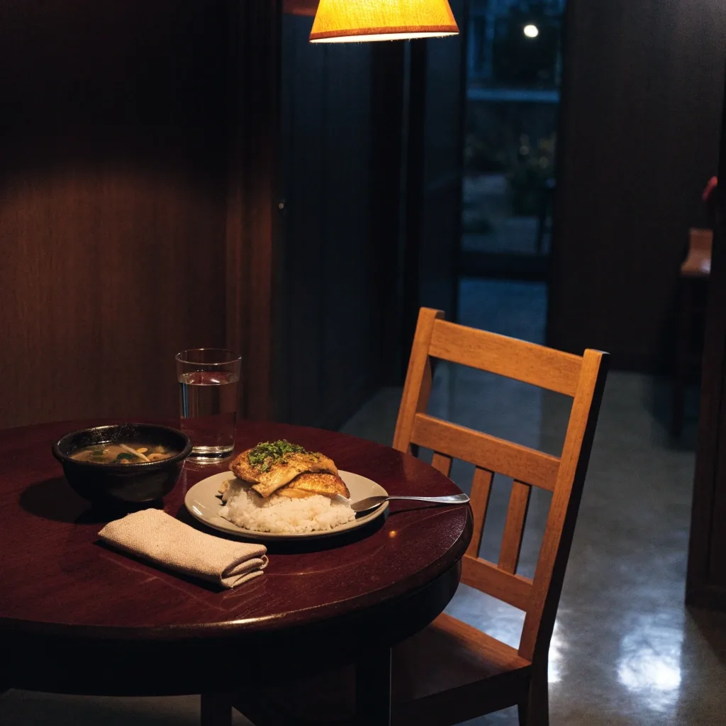 A lighter evening plate of rice, grilled fish and vegetable soup on the same counter