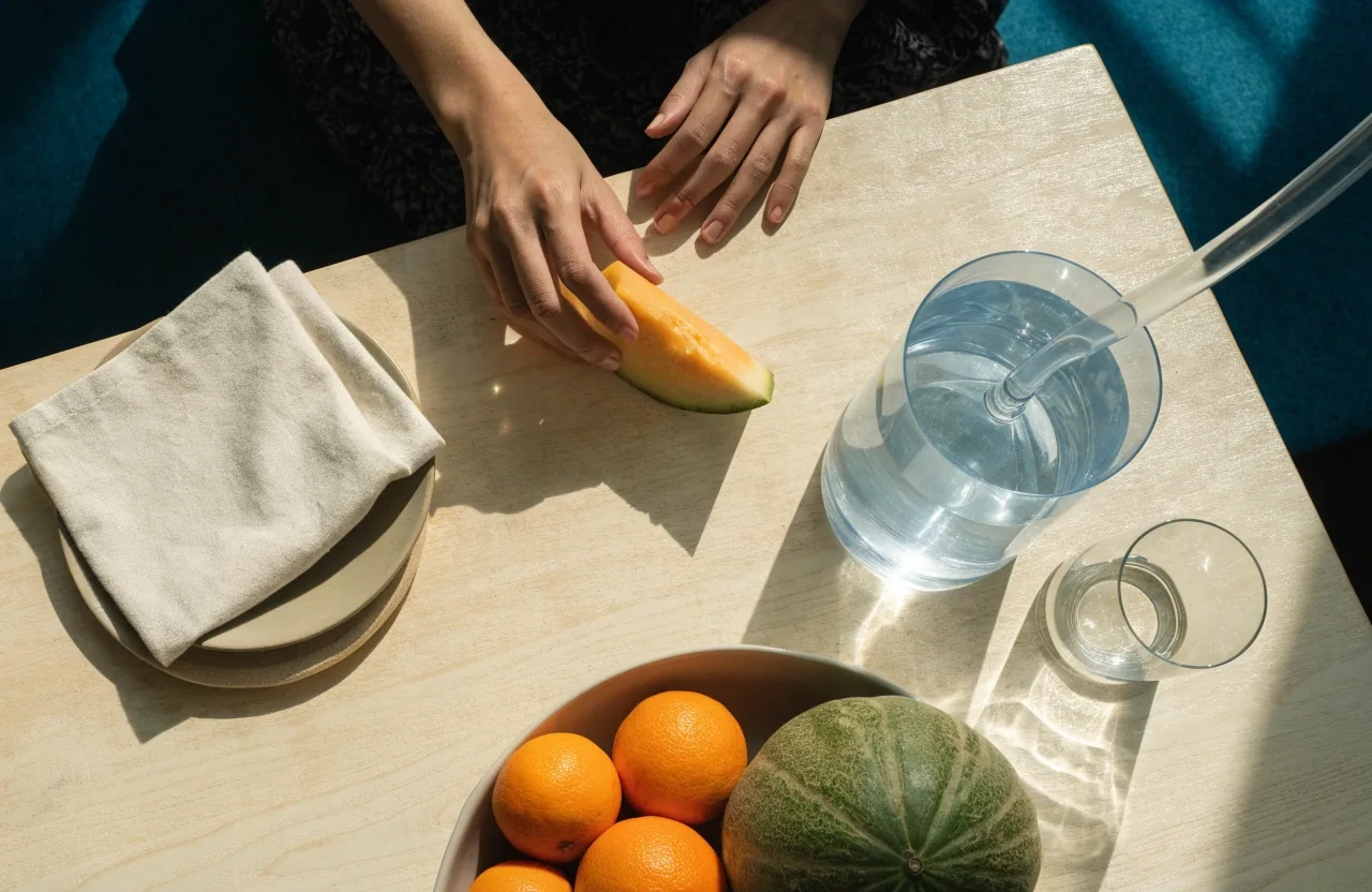 A consultation table being set with a covered plate, water jug, fruit and a woman's hands