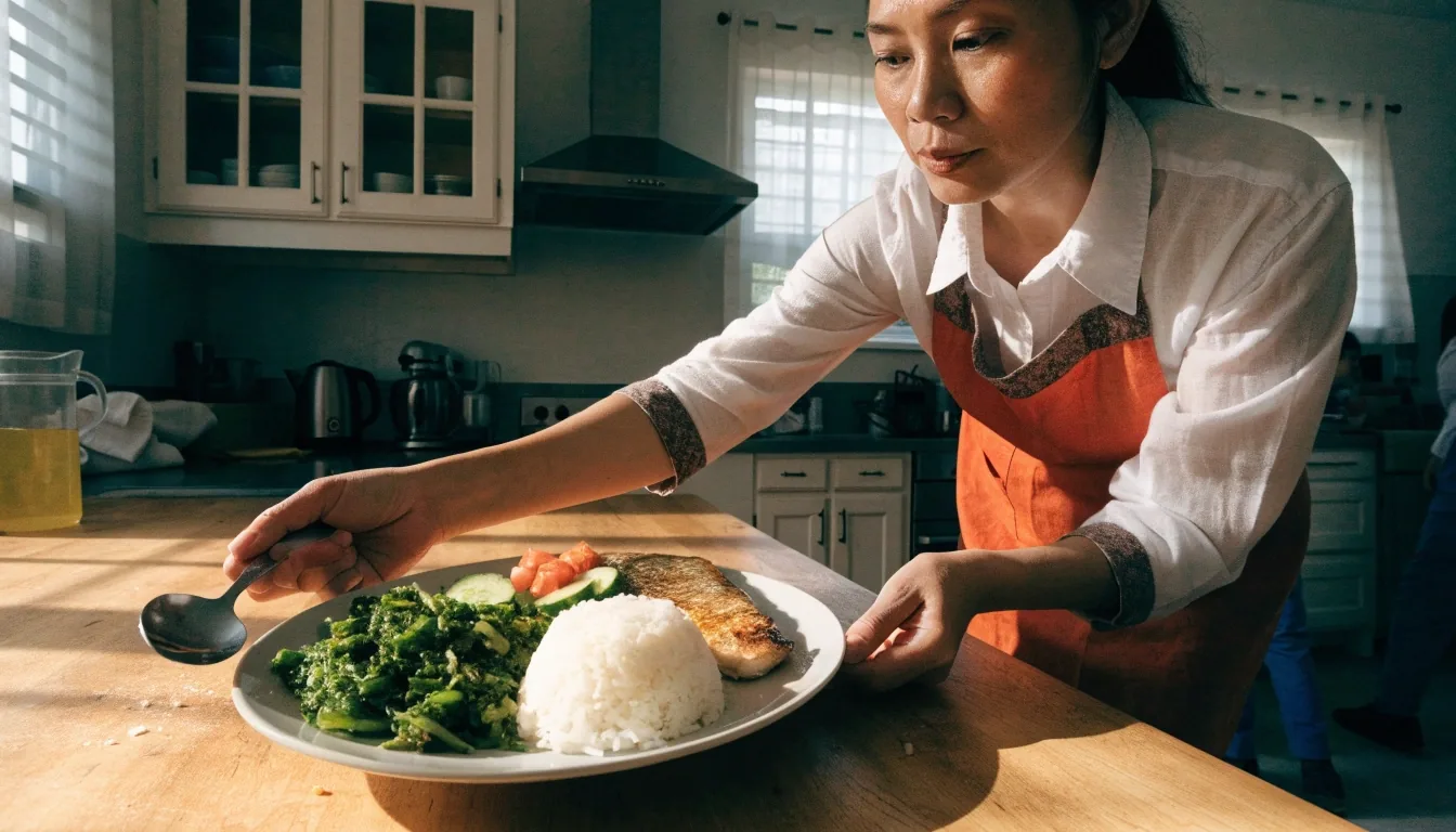 One family plate divided into rice, fish and a generous half of vegetables and fruit