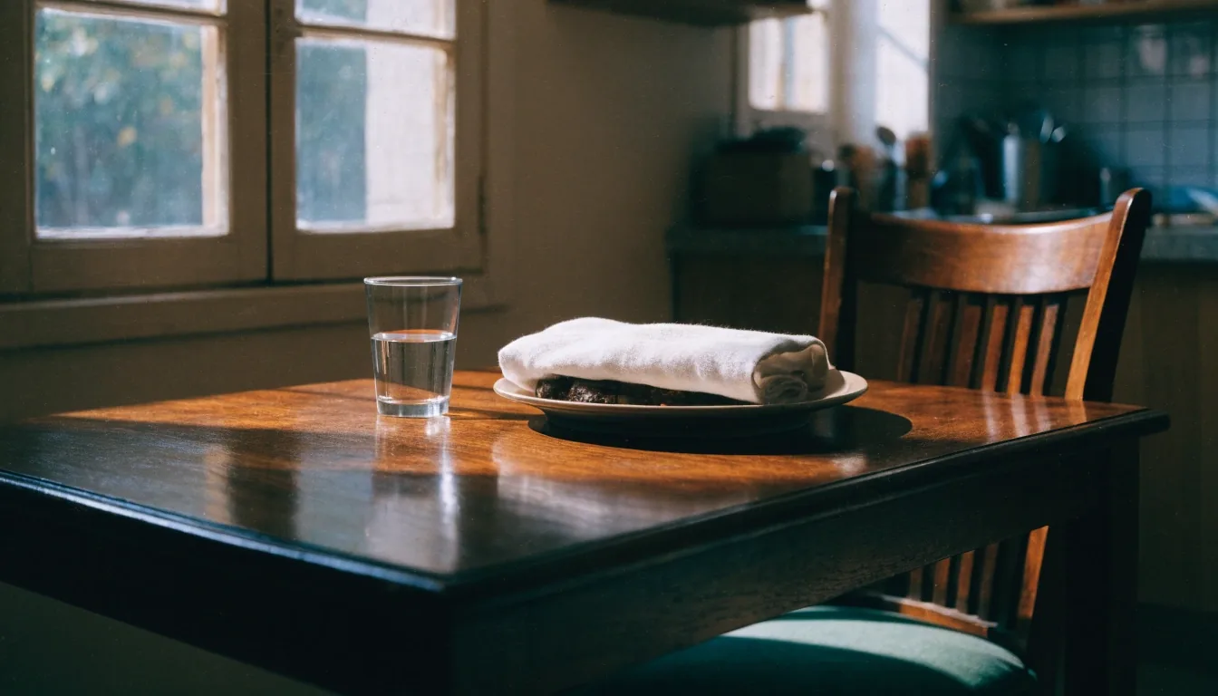 A table set for a consultation: a covered plate under cloth and a glass of water