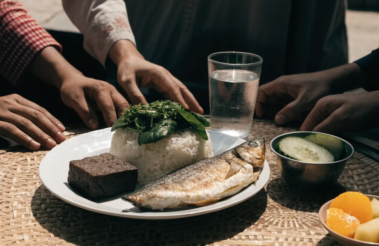 A midday plate of rice, greens, fish and tempeh with a glass of water