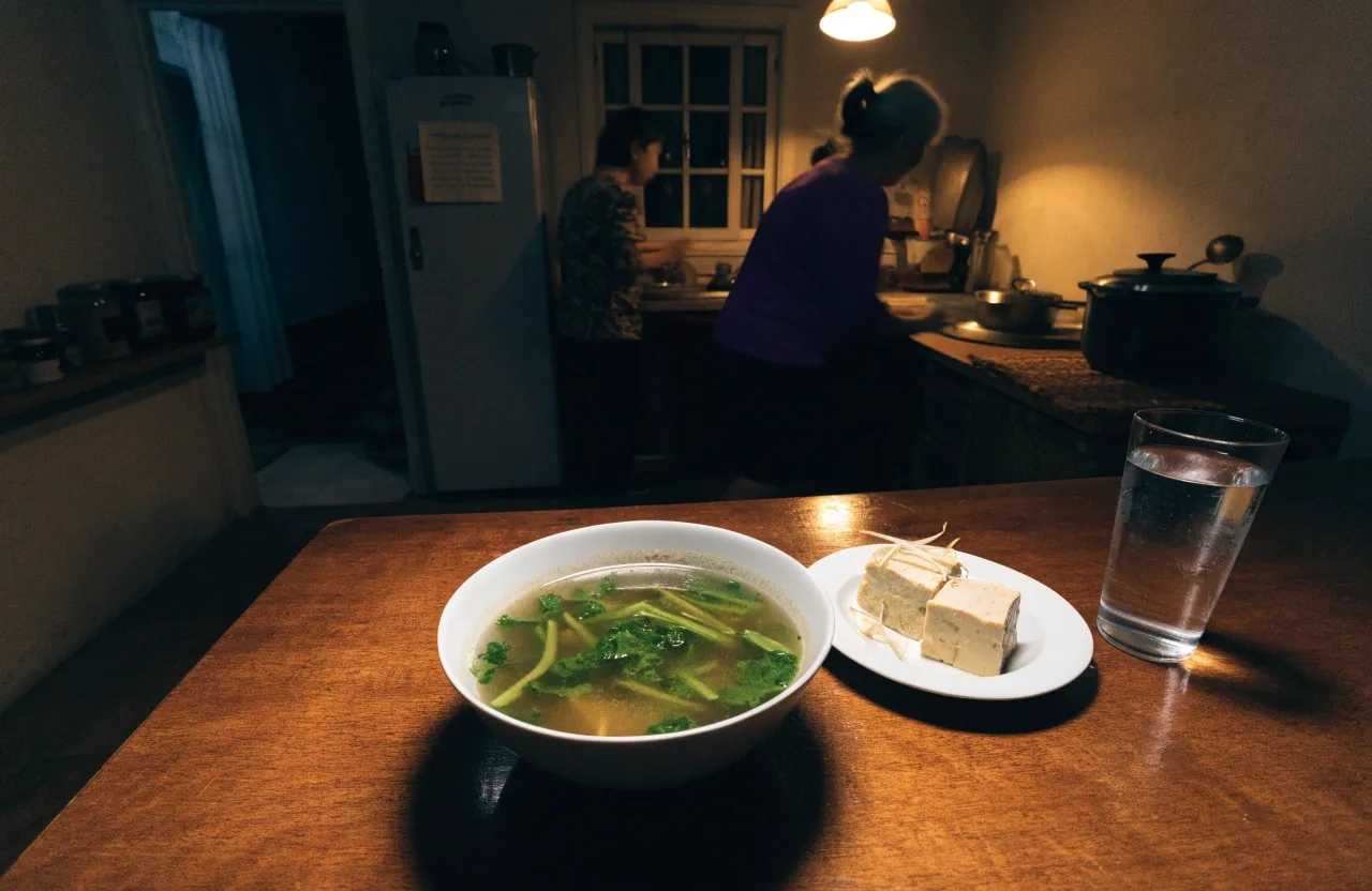 A lighter evening plate of soup, greens and tofu with a glass of water