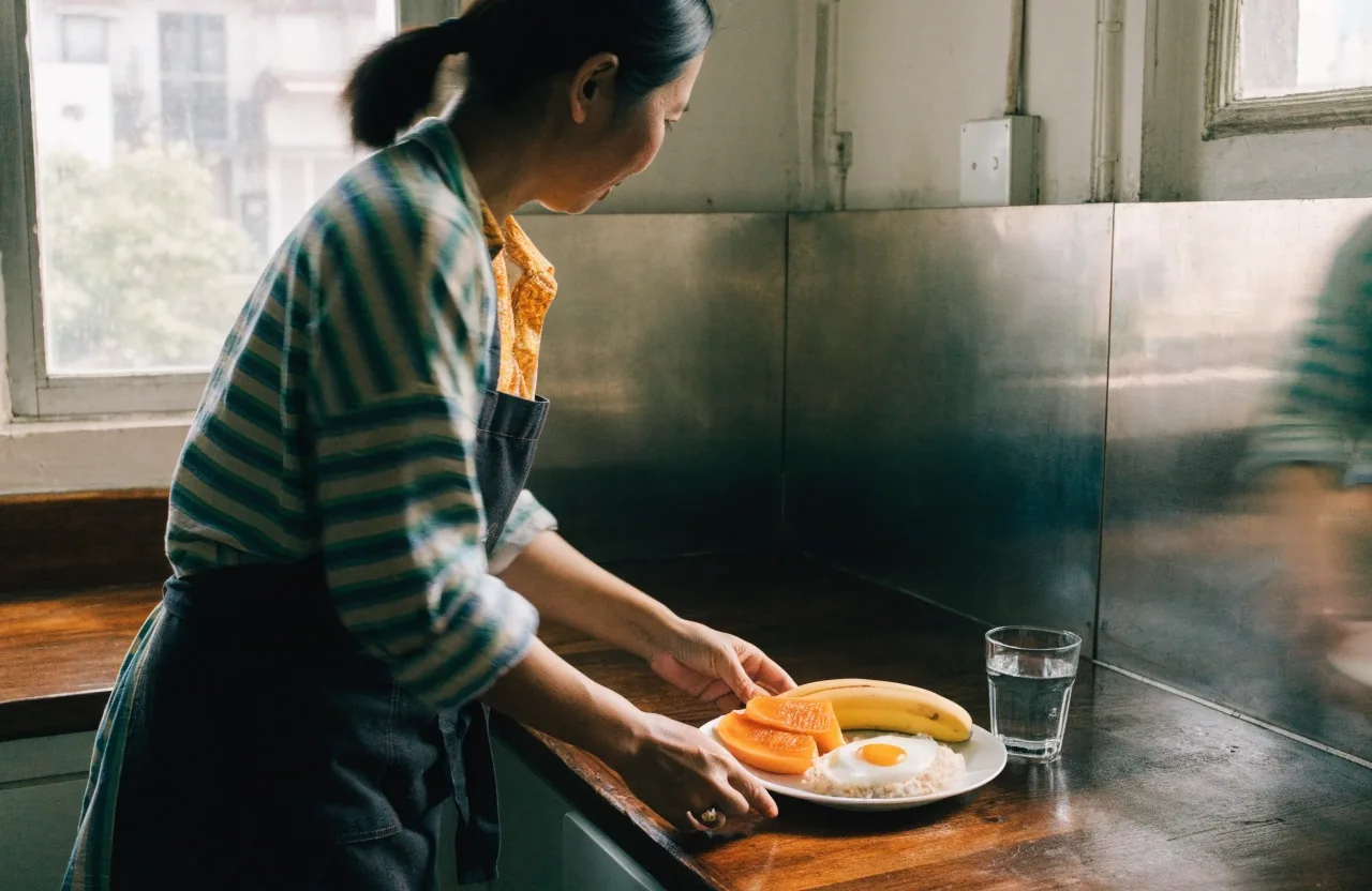 A morning plate of fruit, rice and egg with a glass of water on a kitchen counter