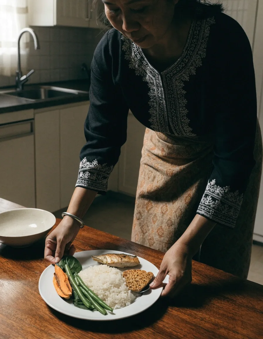 A single plate with half vegetables, one quarter rice, one quarter protein, lit from the left