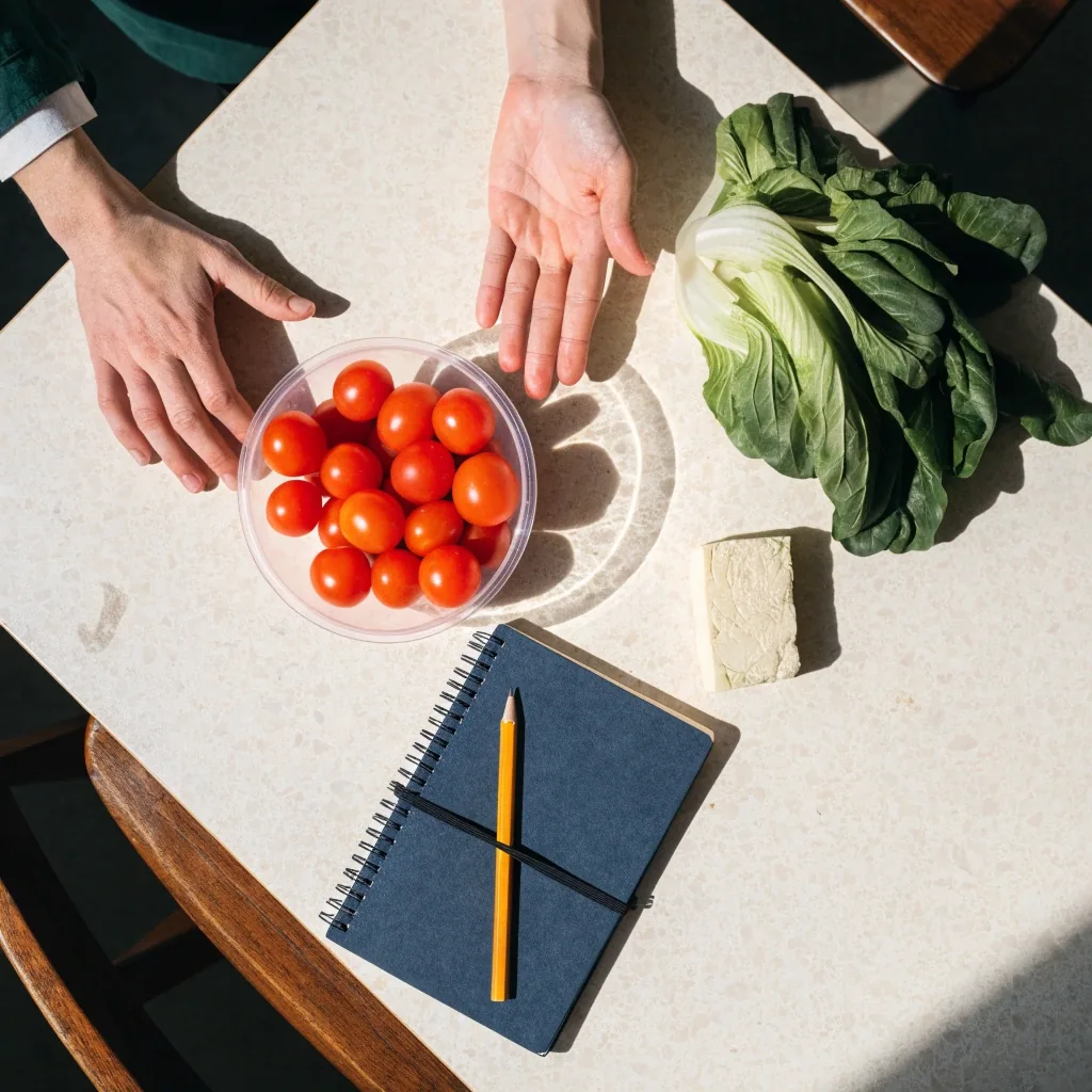 A dietitian's hands reviewing notes and fresh produce on a kitchen table before a scheduled online consultation