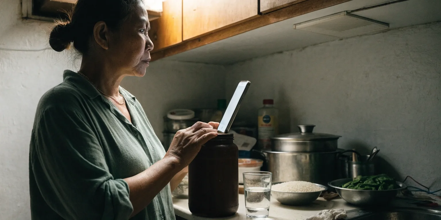 A home kitchen counter set up for an online consultation, with a bowl of rice and greens and a glowing phone at the edge
